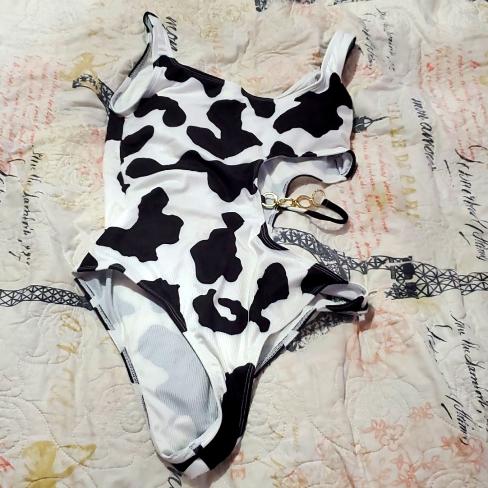 Cow print one-piece swimsuit with cut out waist